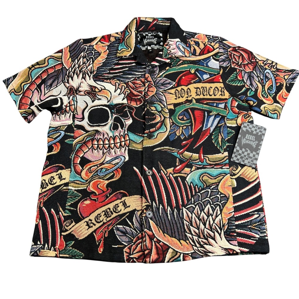 Rebel Vengeance Mens Tapestry Tattoo Print Button Down Shirt Skull Eagle Black M